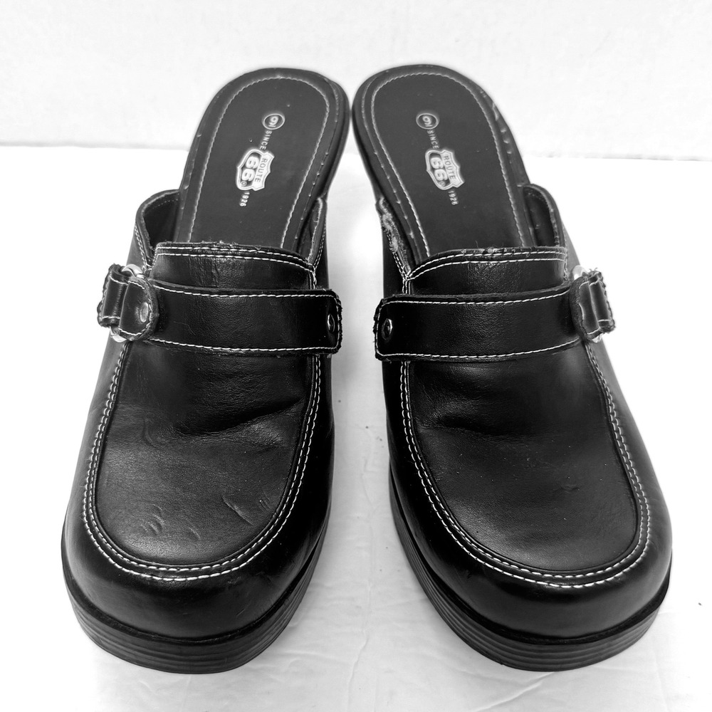 Vtg Y2K Route 66 Black Faux Leather Platform Mules Buckle Chunky Heel Sz 9 Bratz